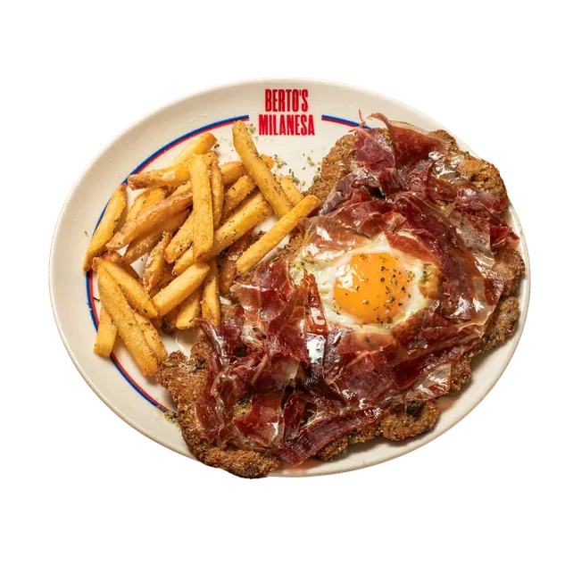 Nuestra milanesa Berto’s con huevo y jamón ibérico